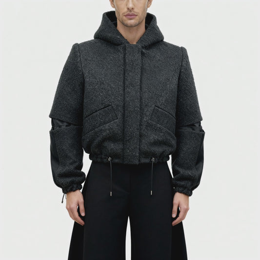 Bomber Noris Premium - Lana Bouclé Nero con Cappuccio