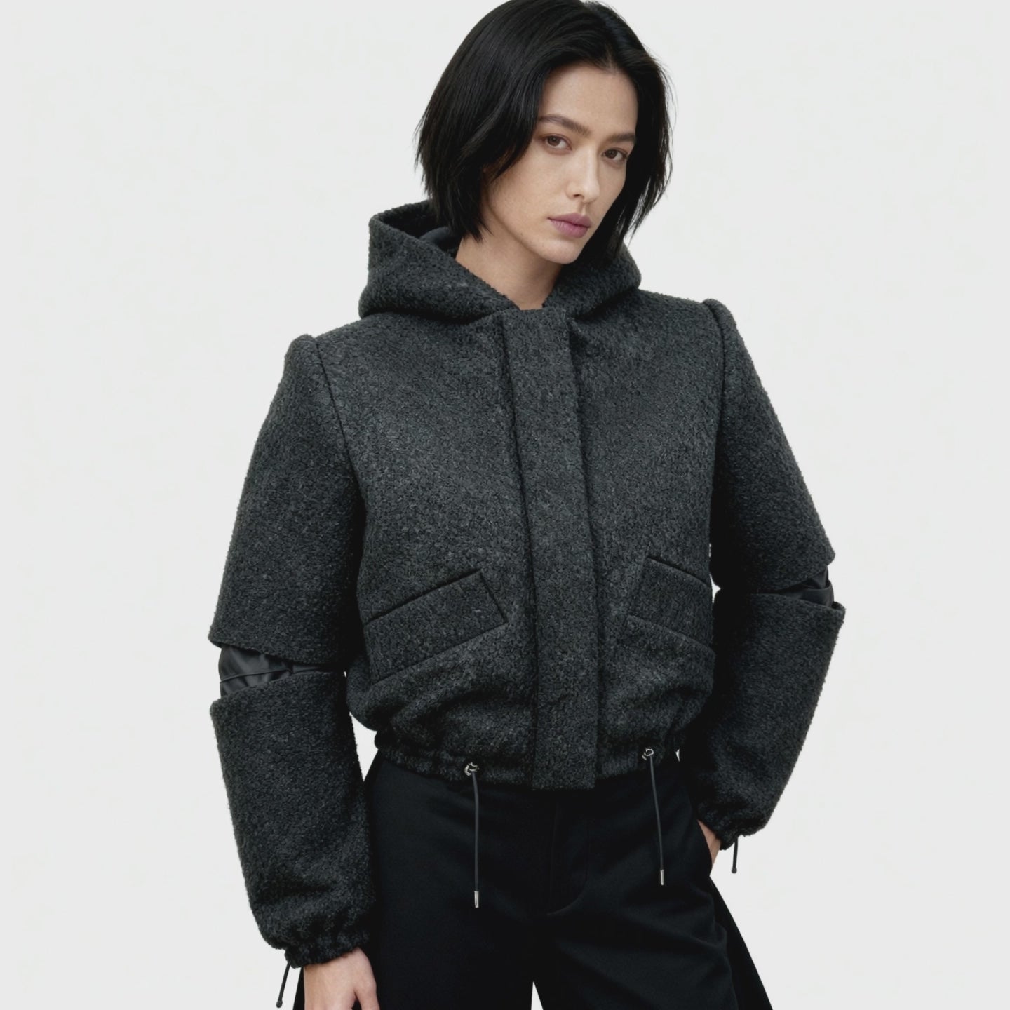 Bomber Noris Premium - Lana Bouclé Nero con Cappuccio