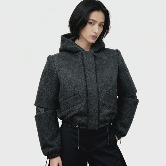 Bomber Noris Premium - Lana Bouclé Nero con Cappuccio